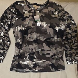 Michael Kors Womens Shiny Camouflage Long Sleeve Tee